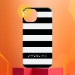 Black and White Striped Pattern Custom Name iPhone 16 Hülle<br><div class="desc">Rugby Stripes - A preppy pattern with bold stripes and a first and last name. If your art still needs to be adjusted,  click on the Customize This button. This will take you to a design area where you can move things around and even change fonts!</div>