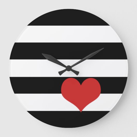 Black and White Stripes w/Red Heart Große Wanduhr (Vorderseite)