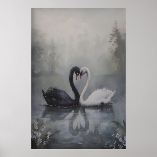 Black and White Swans in Misty Lake Dark Poster (Vorne)