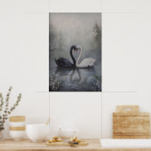 Black and White Swans in Misty Lake Dark Poster (Küche)
