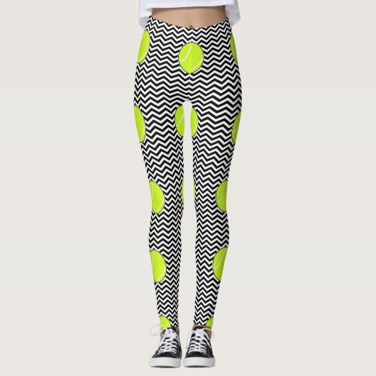 Black and White Tennis Ball Zigzag Tennis Player Leggings (Vorderseite)