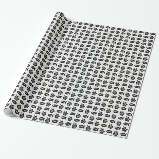 Black and White Tiki Fish and Flower Pattern Geschenkpapier (Ungerollt)
