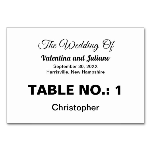 Black and White Typography Wedding Place Card Tischnummer (Vorderseite)