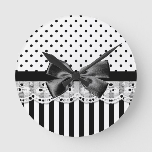 Black And White Victorian Stripes With Bow Runde Wanduhr (Vorderseite)