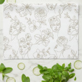 Black and White Vintage Floral Face Line Pattern 3 Geschirrtuch (Gefaltet)