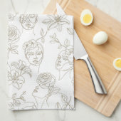 Black and White Vintage Floral Face Line Pattern 3 Geschirrtuch (Viertel Falte)