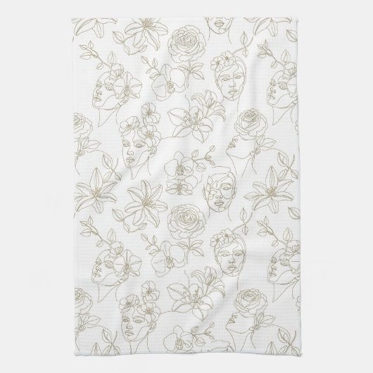 Black and White Vintage Floral Face Line Pattern 3 Geschirrtuch (Vertikal)