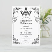 Black and white Vintage gothic arch graduation Einladung (Stehend Vorderseite)