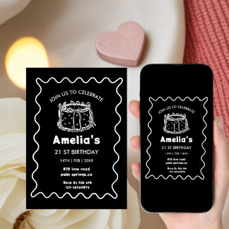 Black and white Wavy Birthday hand drawn cake Einladung