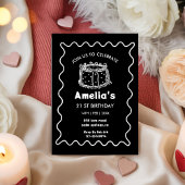 Black and white Wavy Birthday hand drawn cake Einladung