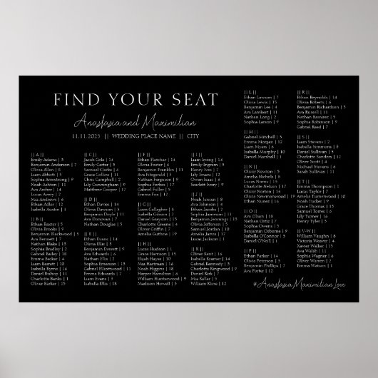 Black and White Wedding Alphabetical Seating Chart Poster (Vorne)