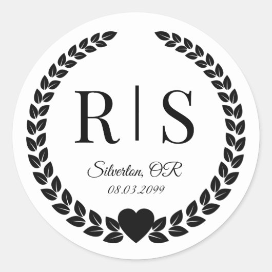 Black and White Wedding Monogram Initials Runder Aufkleber (Vorderseite)