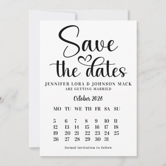 black and white wedding save the dates Calendar Date (Vorderseite)