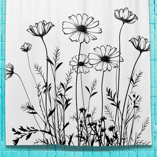 Black And White Wildflowers Line Art Floral Duschvorhang