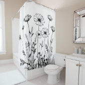 Black And White Wildflowers Line Art Floral Duschvorhang (Beispiel)