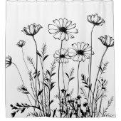 Black And White Wildflowers Line Art Floral Duschvorhang (Vorderseite)