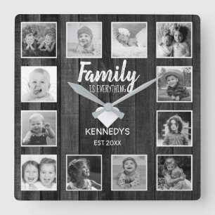 Black And White Wood 12 Photo Collage Family Quote Quadratische Wanduhr