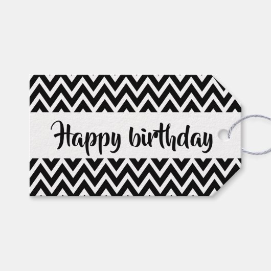 Black and White Zigzag Happy Birthday Custom Geschenkanhänger (Vorderseite (Horizontal))