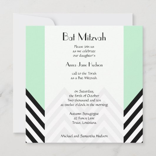 Black and White Zigzag Pattern, Green, Bat Mitzvah Einladung (Vorderseite)