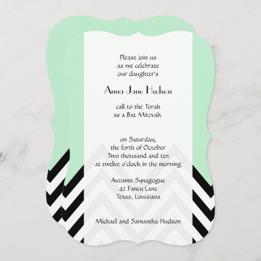 Black and White Zigzag Pattern, Green, Bat Mitzwa Einladung (Vorne/Hinten)