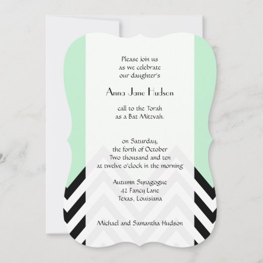 Black and White Zigzag Pattern, Green, Bat Mitzwa Einladung (Vorderseite)