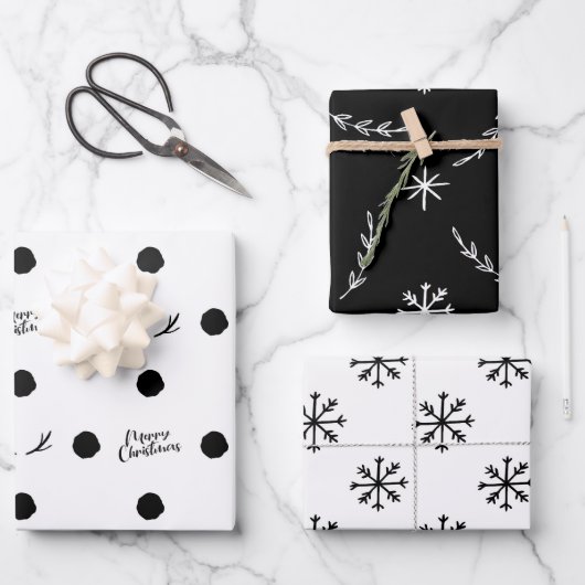 Black and Write Christmas Wrapping Paper Geschenkpapier Set (Vorderseite)