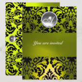 BLACK AND YELLOW DAMASK GEM STONE MONOGRAMM EINLADUNG (Vorne/Hinten)