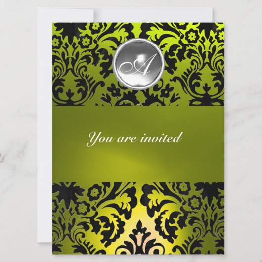 BLACK AND YELLOW DAMASK GEM STONE MONOGRAMM EINLADUNG (Vorderseite)
