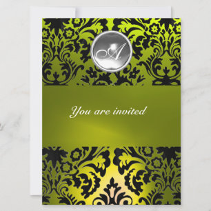 BLACK AND YELLOW DAMASK GEM STONE MONOGRAMM EINLADUNG