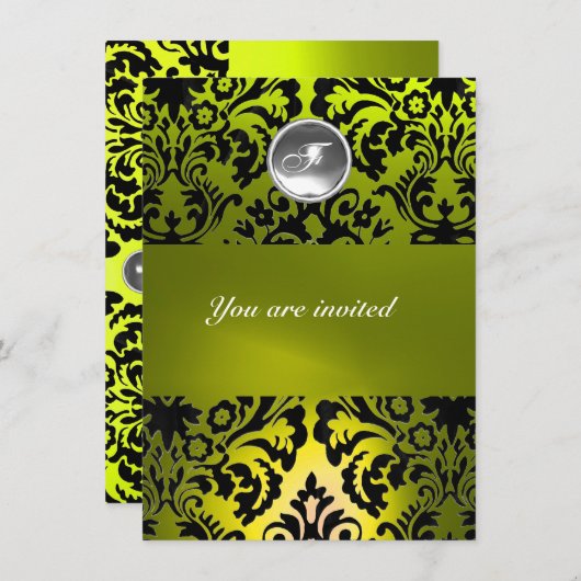 BLACK AND YELLOW DAMASK GEM STONE MONOGRAMM EINLADUNG (Vorne/Hinten)