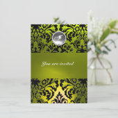 BLACK AND YELLOW DAMASK GEM STONE MONOGRAMM EINLADUNG (Stehend Vorderseite)
