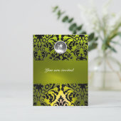 BLACK AND YELLOW DAMASK GEM STONE MONOGRAMM EINLADUNG (Stehend Vorderseite)