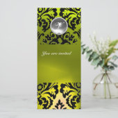 BLACK AND YELLOW DAMASK GEM STONE MONOGRAMM EINLADUNG (Stehend Vorderseite)