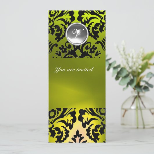 BLACK AND YELLOW DAMASK GEM STONE MONOGRAMM EINLADUNG (Stehend Vorderseite)