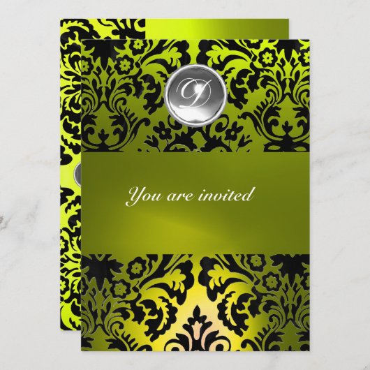 BLACK AND YELLOW DAMASK GEM STONE MONOGRAMM EINLADUNG (Vorne/Hinten)