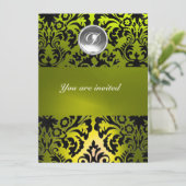BLACK AND YELLOW DAMASK GEM STONE MONOGRAMM EINLADUNG (Stehend Vorderseite)