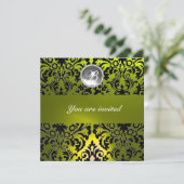 BLACK AND YELLOW DAMASK GEM STONE MONOGRAMM EINLADUNG (Stehend Vorderseite)
