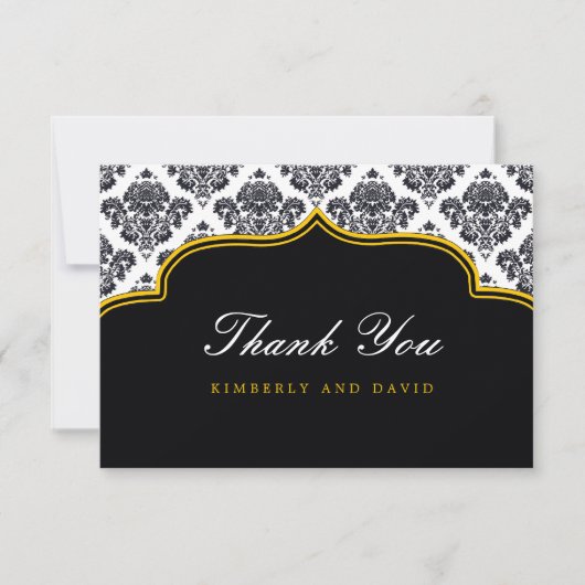 Black and Yellow Damask Label Danke Karte (Vorderseite)