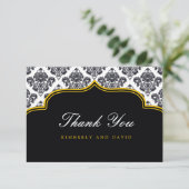 Black and Yellow Damask Label Danke Karte (Stehend Vorderseite)