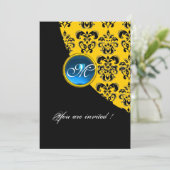 BLACK AND YELLOW DAMASK MONOGRAM, blauer Saphir Einladung (Stehend Vorderseite)