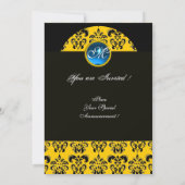 BLACK AND YELLOW DAMASK MONOGRAM, blauer Saphir Einladung (Rückseite)