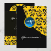 BLACK AND YELLOW DAMASK MONOGRAM, blauer Saphir Einladung (Vorne/Hinten)