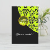 BLACK AND YELLOW DAMASK MONOGRAM, topaz grün Einladung (Stehend Vorderseite)