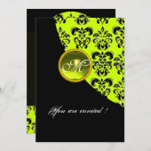 BLACK AND YELLOW DAMASK MONOGRAM, topaz grün Einladung (Vorne/Hinten)