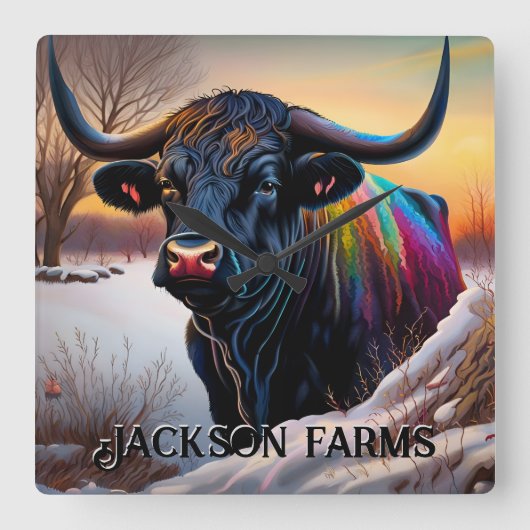 Black Angus Bull Winter Quadratische Wanduhr (Vorderseite)