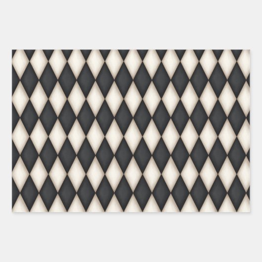 Black & Antique White Harlequin Diamanten & Streif Geschenkpapier Set (Vorderseite 2)