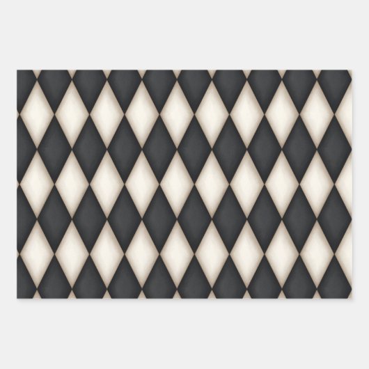 Black & Antique White Harlequin Diamanten & Streif Geschenkpapier Set (Vorderseite)