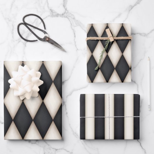 Black & Antique White Harlequin Diamanten & Streif Geschenkpapier Set (Vorderseite)