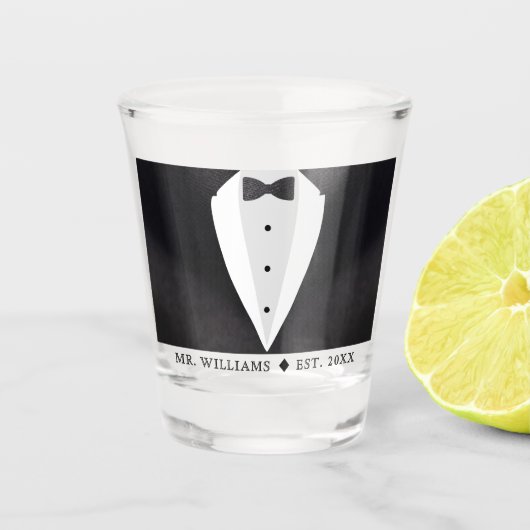Black Anzug & Bowtie Husband Groom Mr. Schnapsglas (Vorderseite)