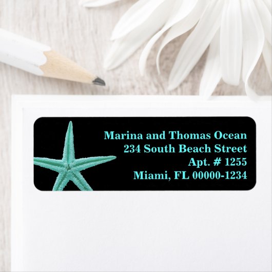 Black Aqua Blue Starfish Custom Address Labels (Insitu)
